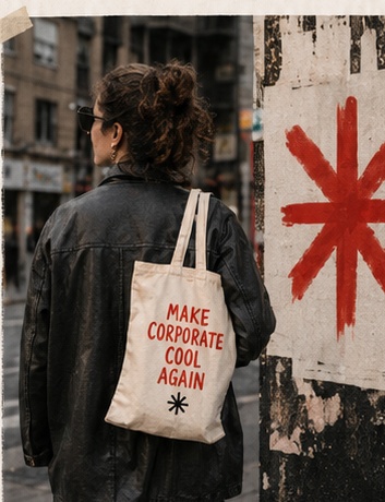Mulher de jaqueta preta em rua da cidade com ecobag Make Corporate Cool Again